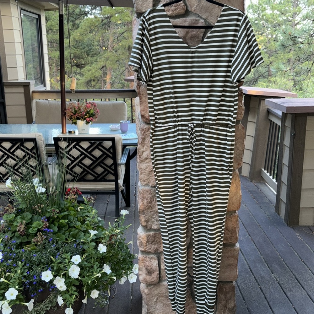 LULAROE XOE Jumpsuit Size SMALL Olive Army Green White Stripes